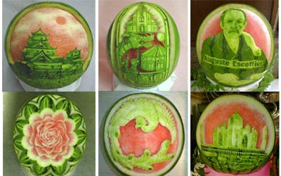 watermelon art, japanese watermelon sculpture, watermelon carving, Takashi Itoh